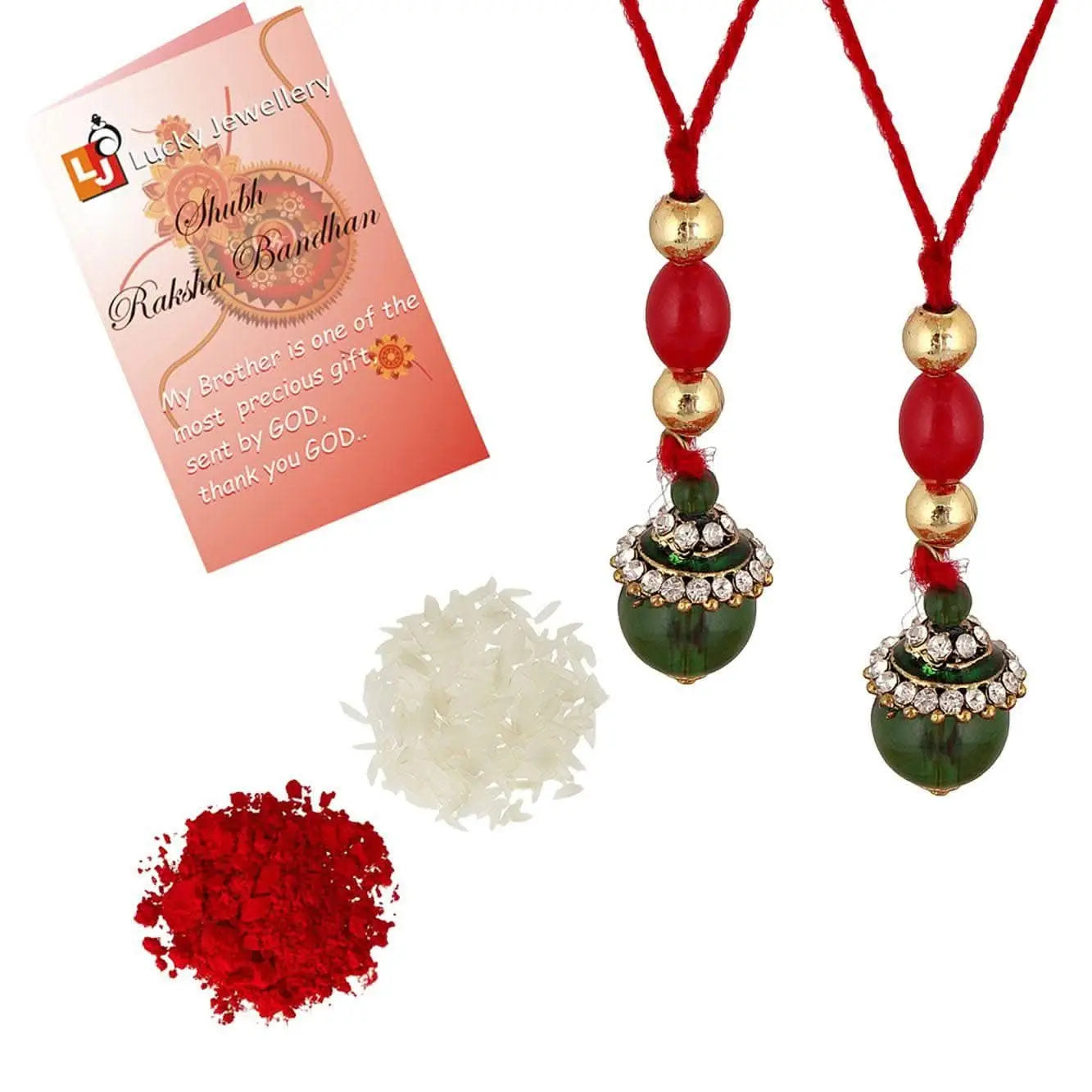 Designer Gold-Plated ferozi color meena thread rakhi with hanging stones (pack of 2) | LUCKY JEWELLERY - halfpeapp