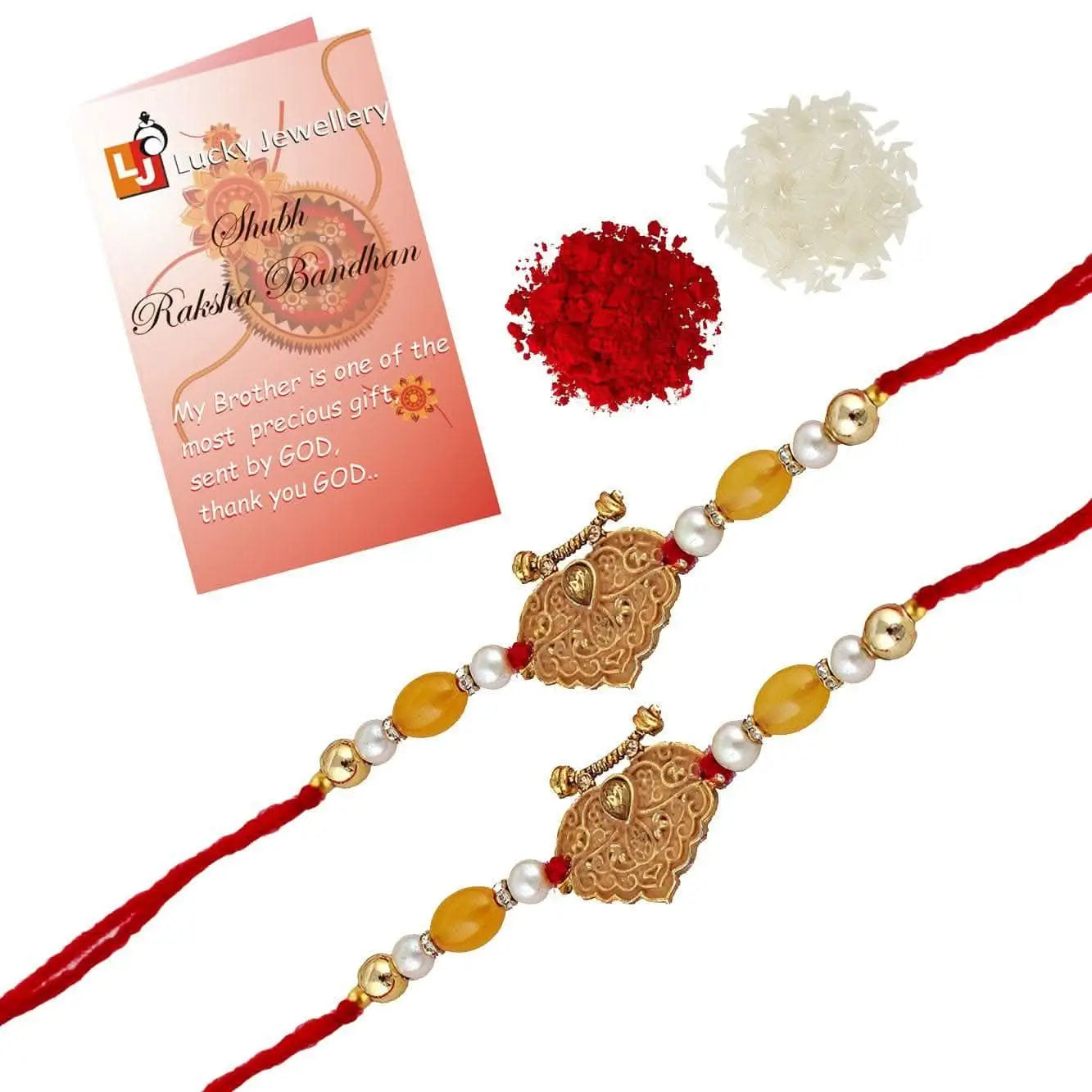 Designer Gold-Plated ferozi color meena thread rakhi with lumba designer | LUCKY JEWELLERY - halfpeapp
