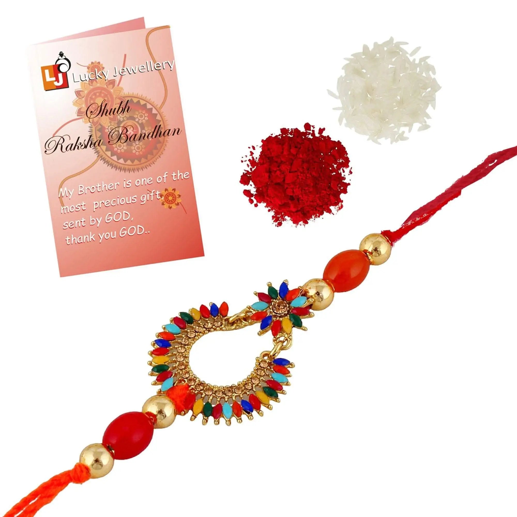 Designer Gold-Plated ferozi color meena thread rakhi with multi-colored leaves and red beads| LUCKY JEWELLERY - halfpeapp