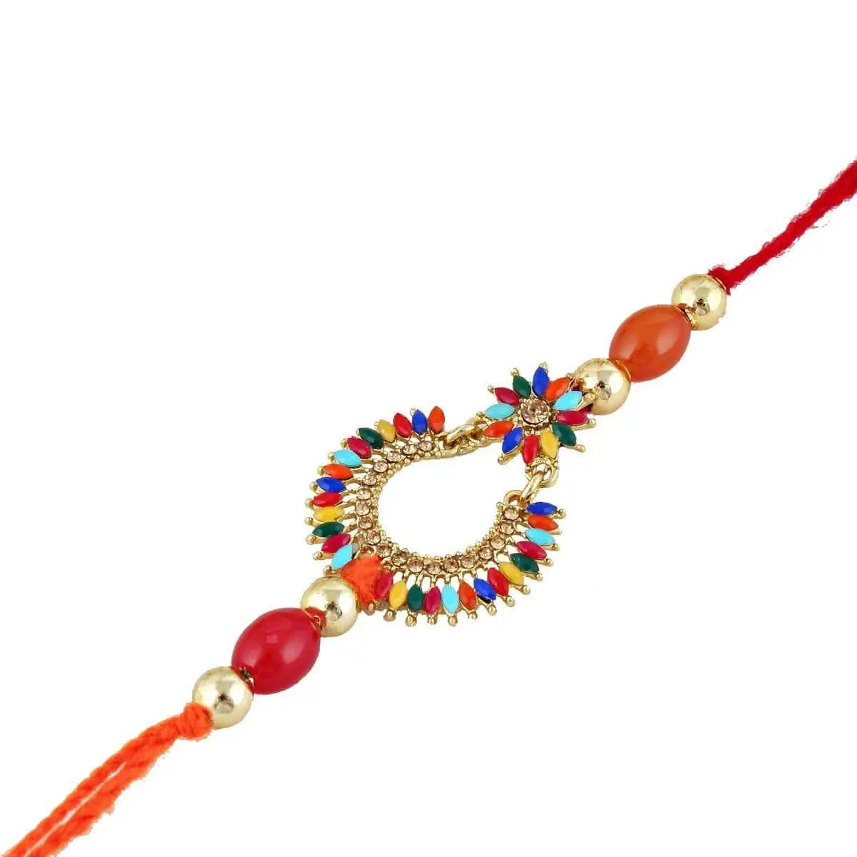 Designer Gold-Plated ferozi color meena thread rakhi with multi-colored leaves and red beads| LUCKY JEWELLERY - halfpeapp