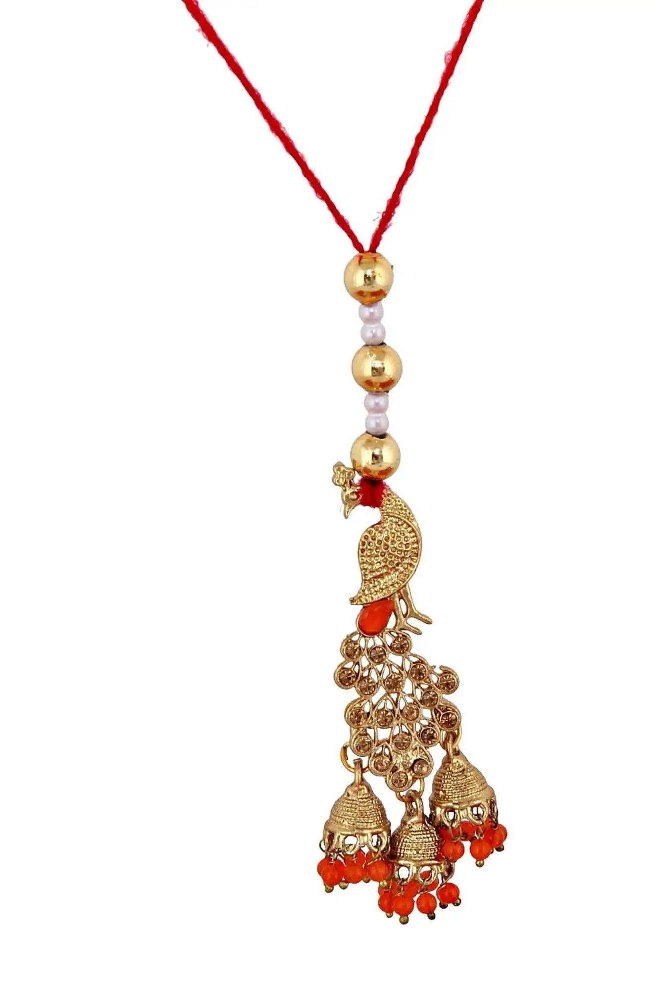 Designer Gold-Plated ferozi color meena thread rakhi with peacock hangings (pack of 2) | LUCKY JEWELLERY - halfpeapp