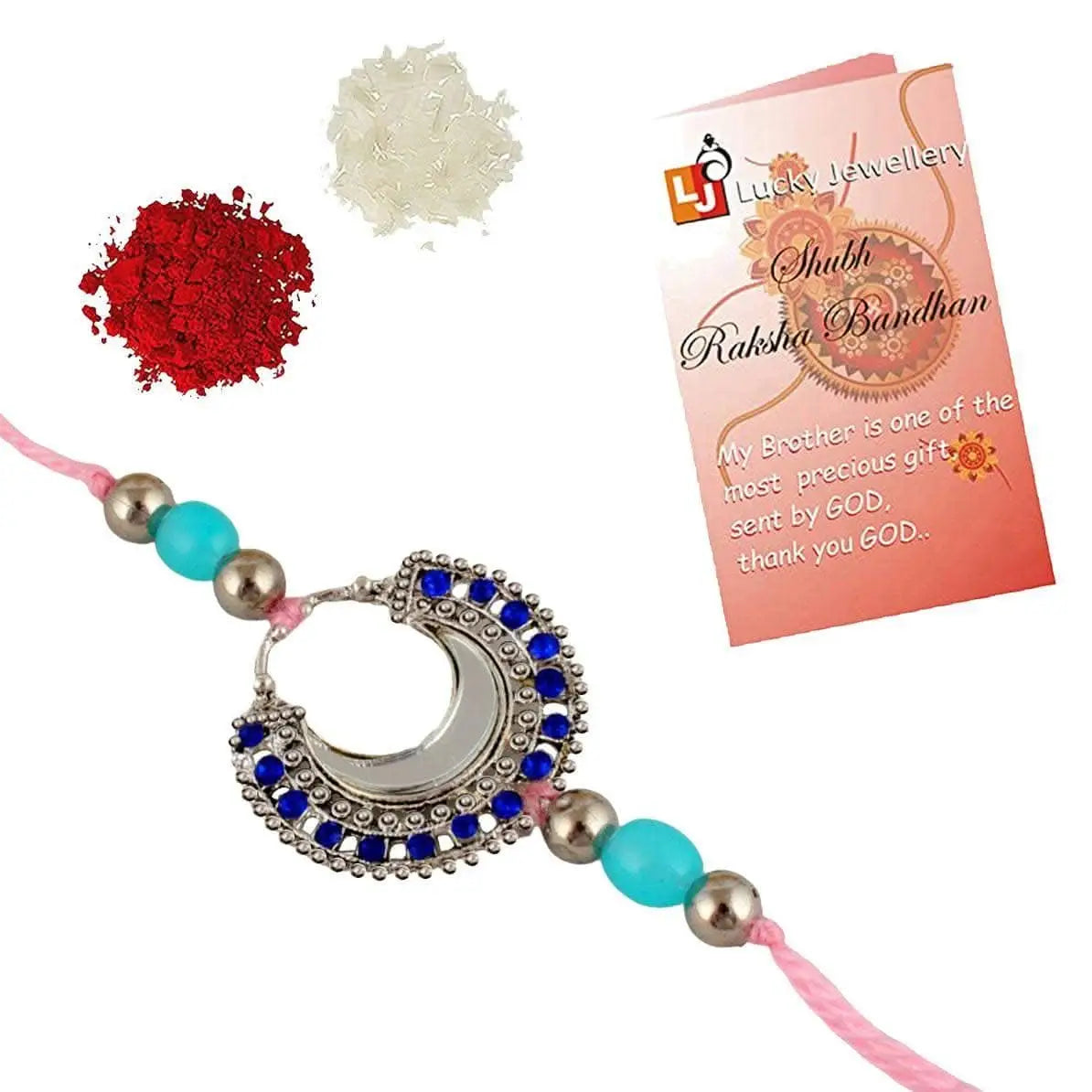 Designer Gold-Plated ferozi color meena thread rakhi with rama green, purple beads and pink thread| LUCKY JEWELLERY - halfpeapp