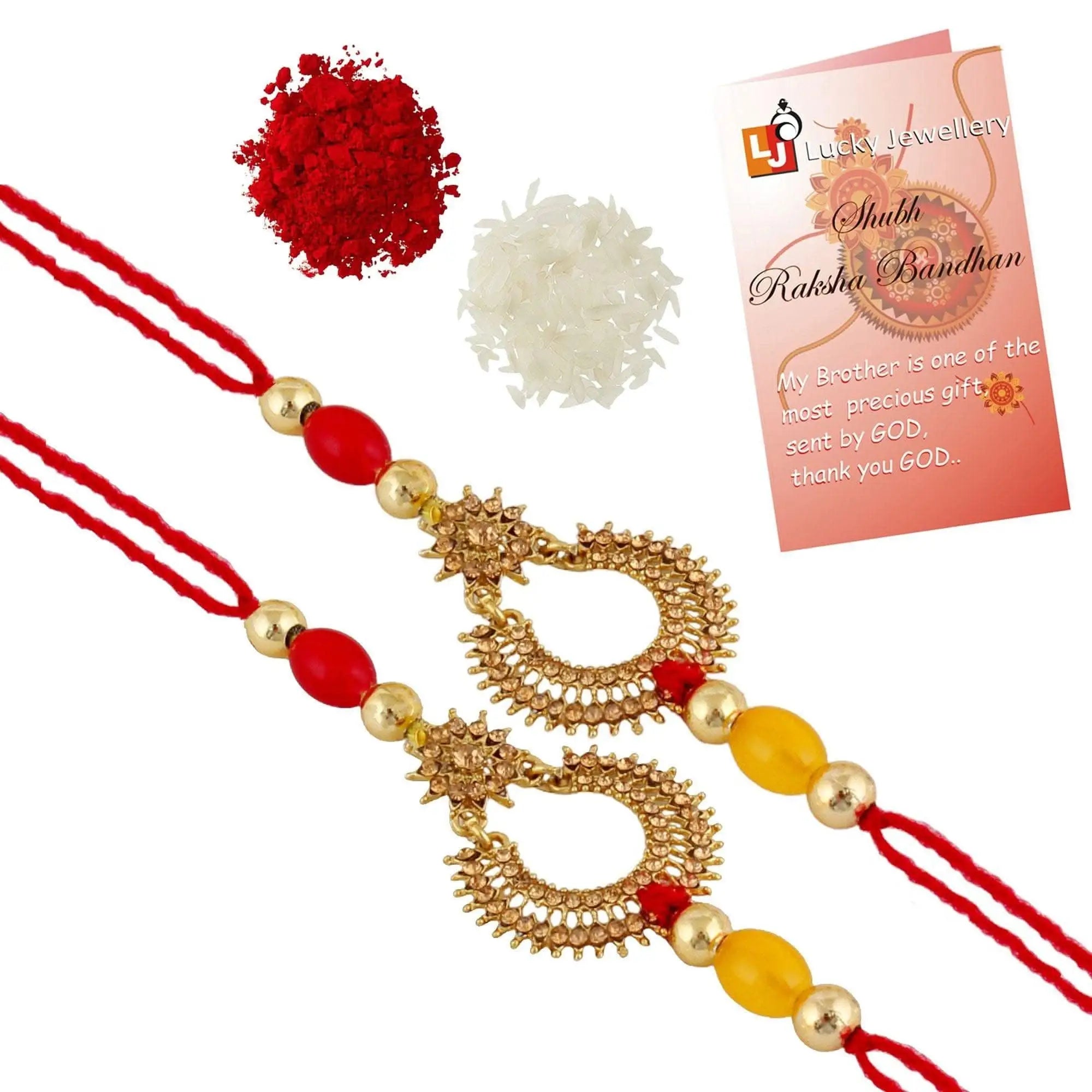 Designer Gold-Plated ferozi color meena thread rakhi with red and yellow beads (pack of 2) | LUCKY JEWELLERY - halfpeapp