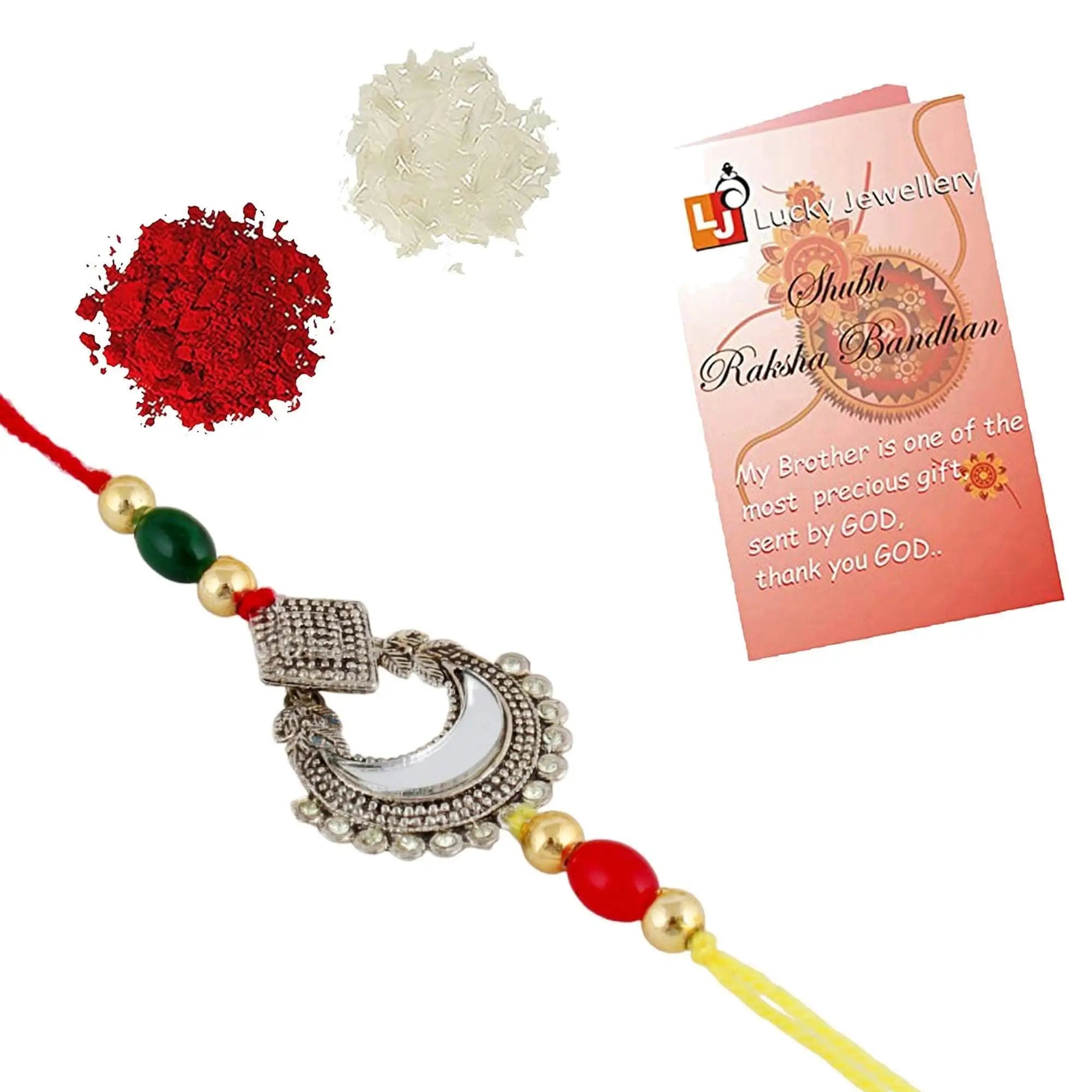 Designer Gold-Plated ferozi color meena thread rakhi with red and yellow thread | LUCKY JEWELLERY - halfpeapp
