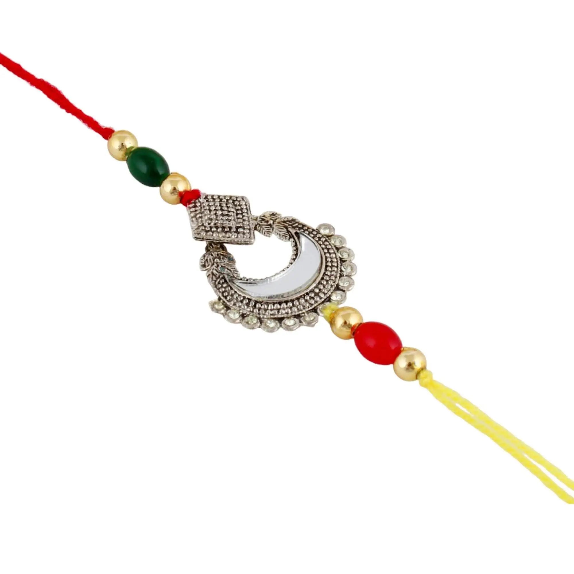 Designer Gold-Plated ferozi color meena thread rakhi with red and yellow thread | LUCKY JEWELLERY - halfpeapp