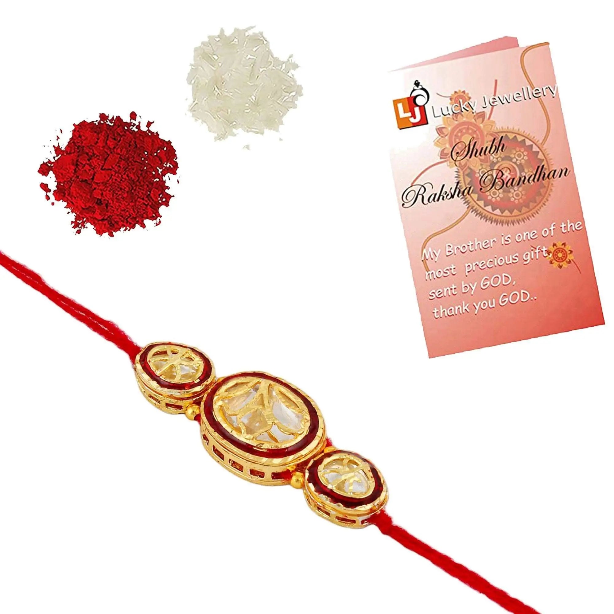 Designer Gold-Plated ferozi color meena thread rakhi with red outer oval shaped dollars | LUCKY JEWELLERY - halfpeapp