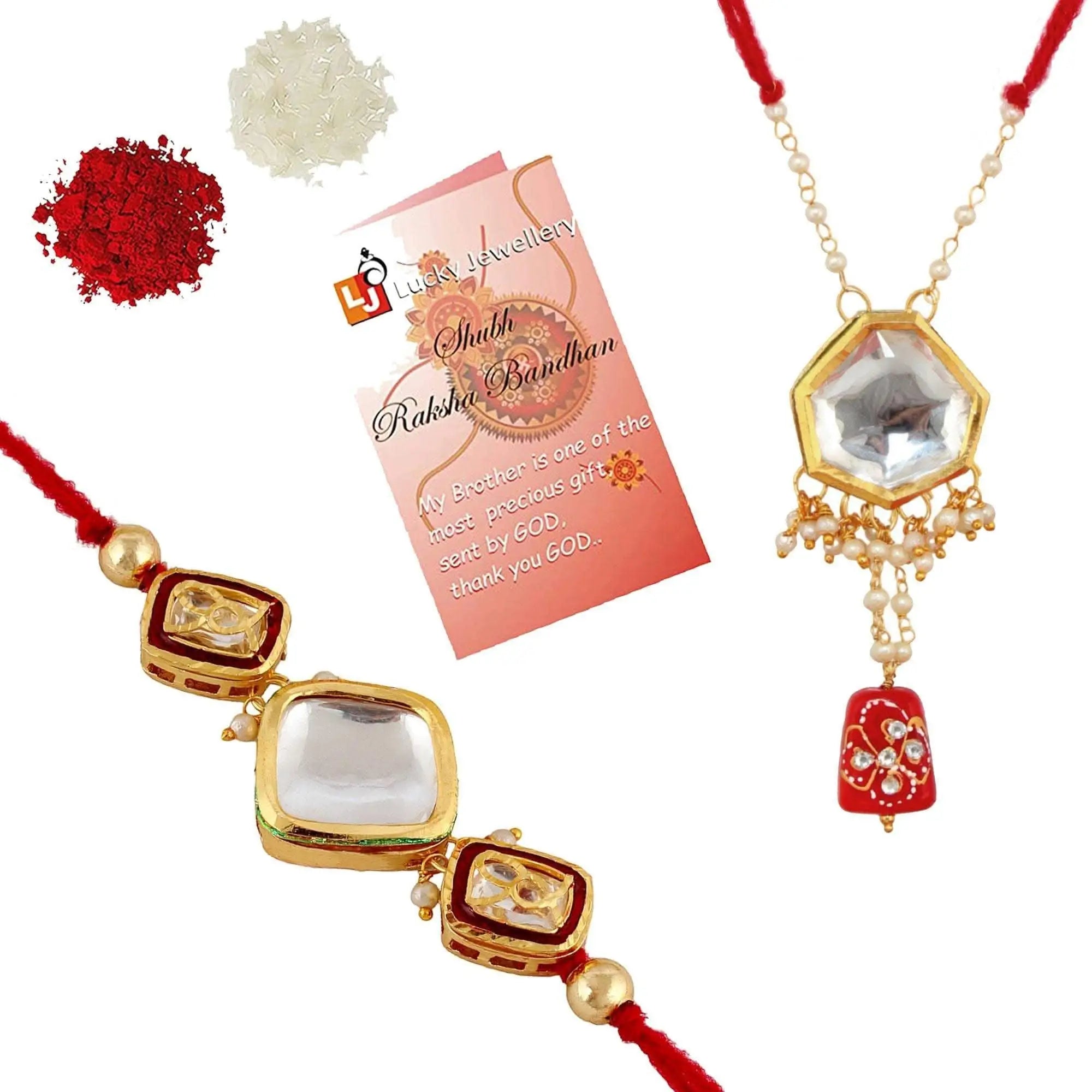 Designer Gold-Plated ferozi color meena thread rakhi with rhombus and hexagonal stones (pack of 2) | LUCKY JEWELLERY - halfpeapp
