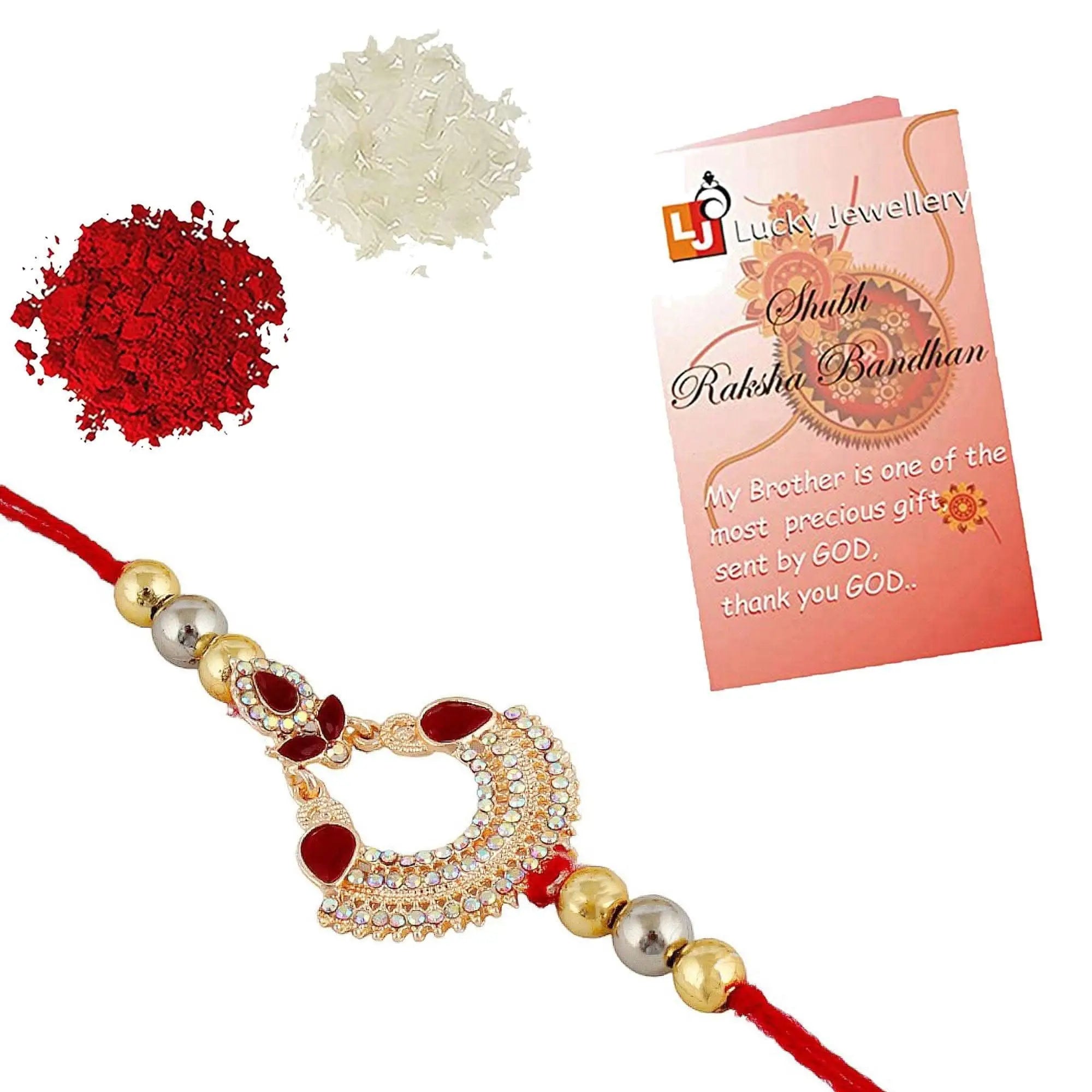 Designer Gold-Plated ferozi color meena thread rakhi with roli| LUCKY JEWELLERY - halfpeapp