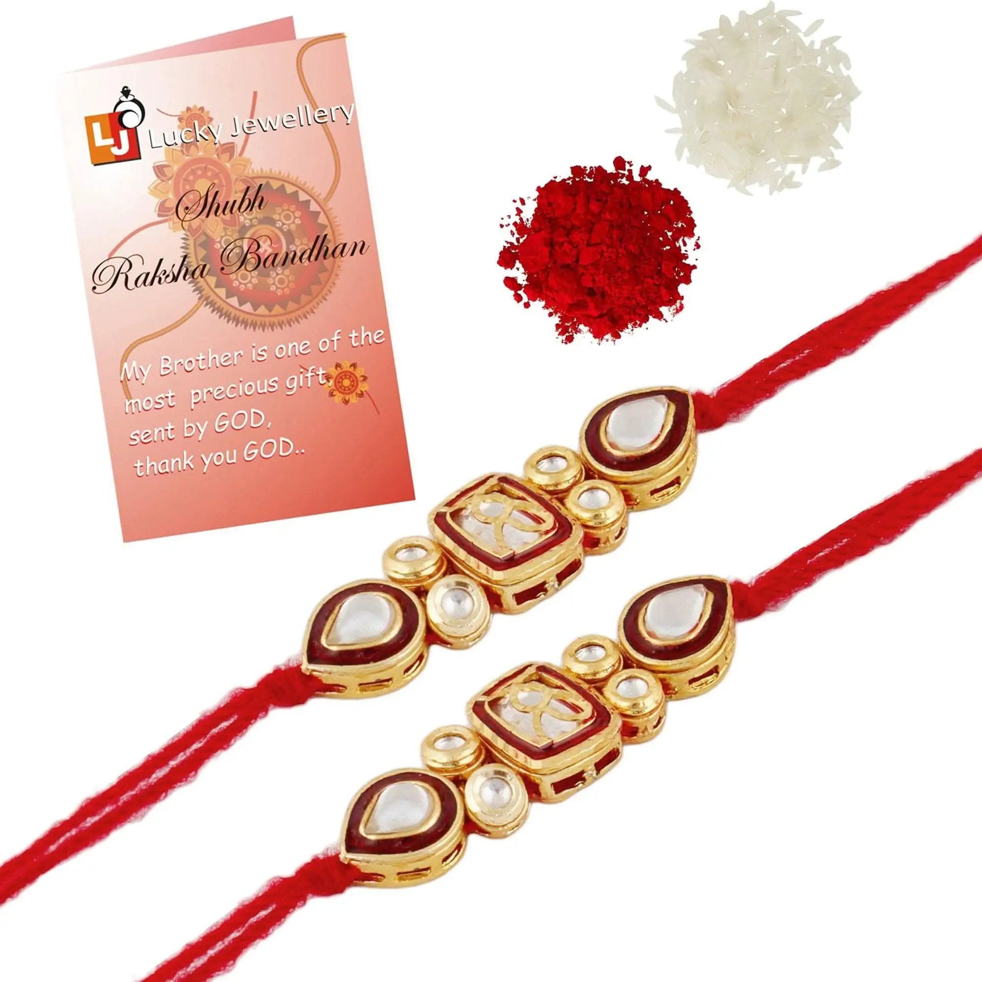 Designer Gold-Plated ferozi color meena thread rakhi with square rings and pearls (pack of 2) | LUCKY JEWELLERY - halfpeapp