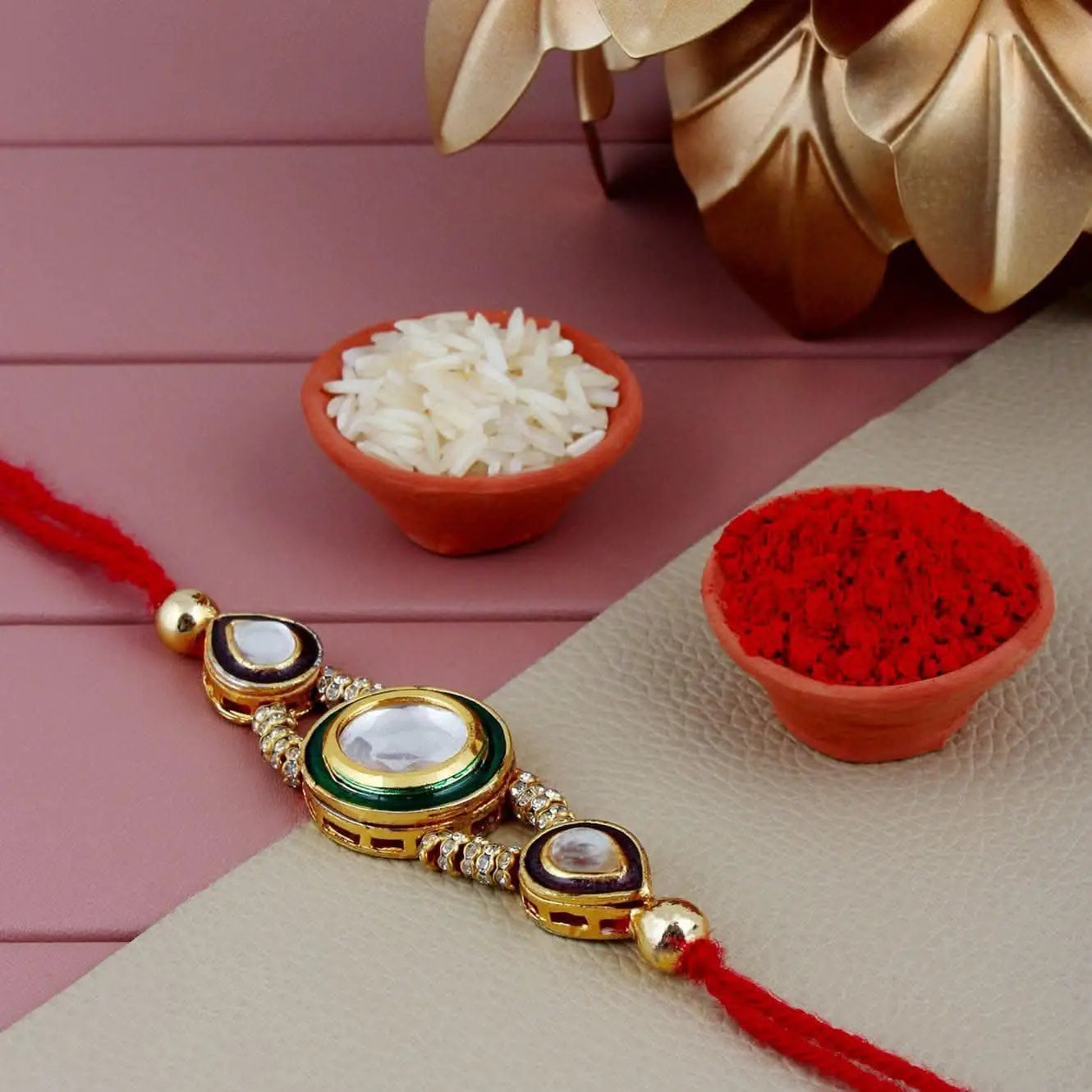 Designer Gold-Plated ferozi color meena thread rakhi with white big stone| LUCKY JEWELLERY - halfpeapp