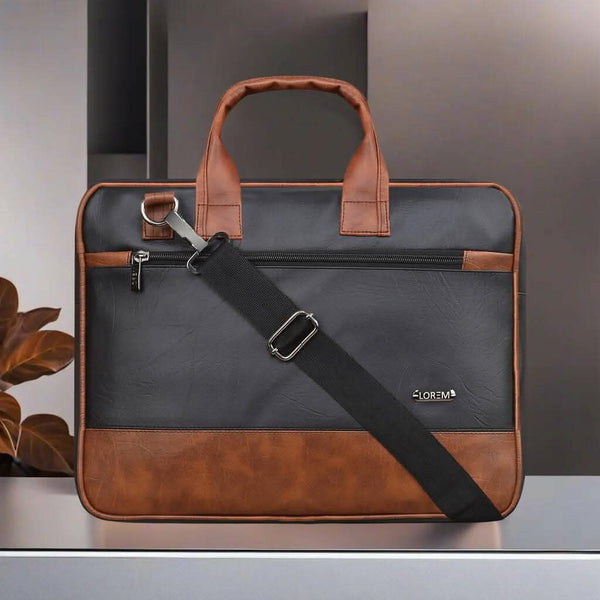 LOREM Black & Tan Color Faux Leather 10L Messenger Bag For Men & Women - HalfPe