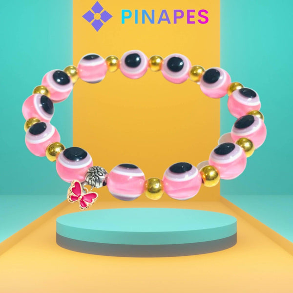 Pinapes Stylish Evil Eye Bracelet with Butterfly Pendant Ward off Negativity with Artificial Beads (Pink) - HalfPe
