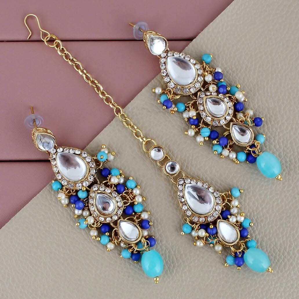 LUCKY JEWELLERY Gold Plated Multi Color Tika Earring Necklace Combo Kundan Jewellery Set - HalfPe