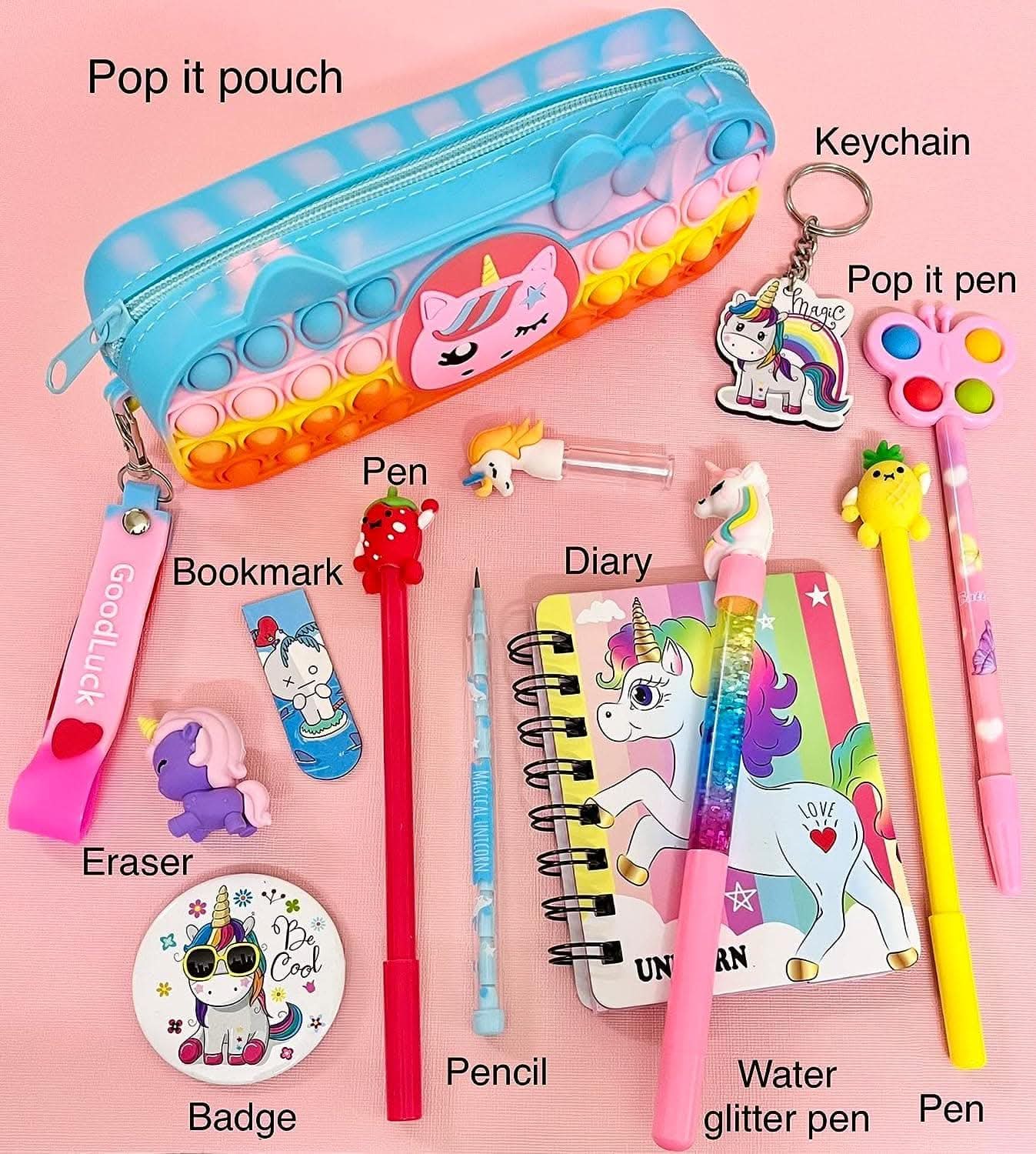 Mermaid unicorn diary , pop it pouch , pop it pen , keychain , pen , pencil , bookmark , eraser , badge , water glitter pen (pack of 10) - halfpeapp