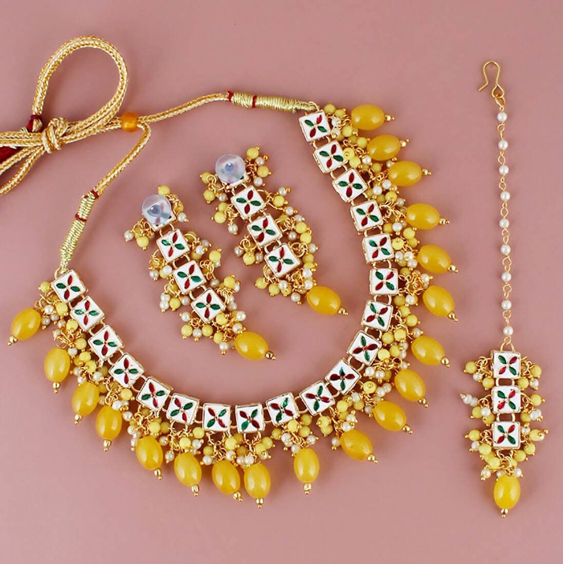 LUCKY JEWELLERY Back Meenakari 18k Gold Plated Yellow Color Tika Earring Combo Uncut Big Faux Kundan Choker Necklace set (660-J5SK-1664-Y) - HalfPe