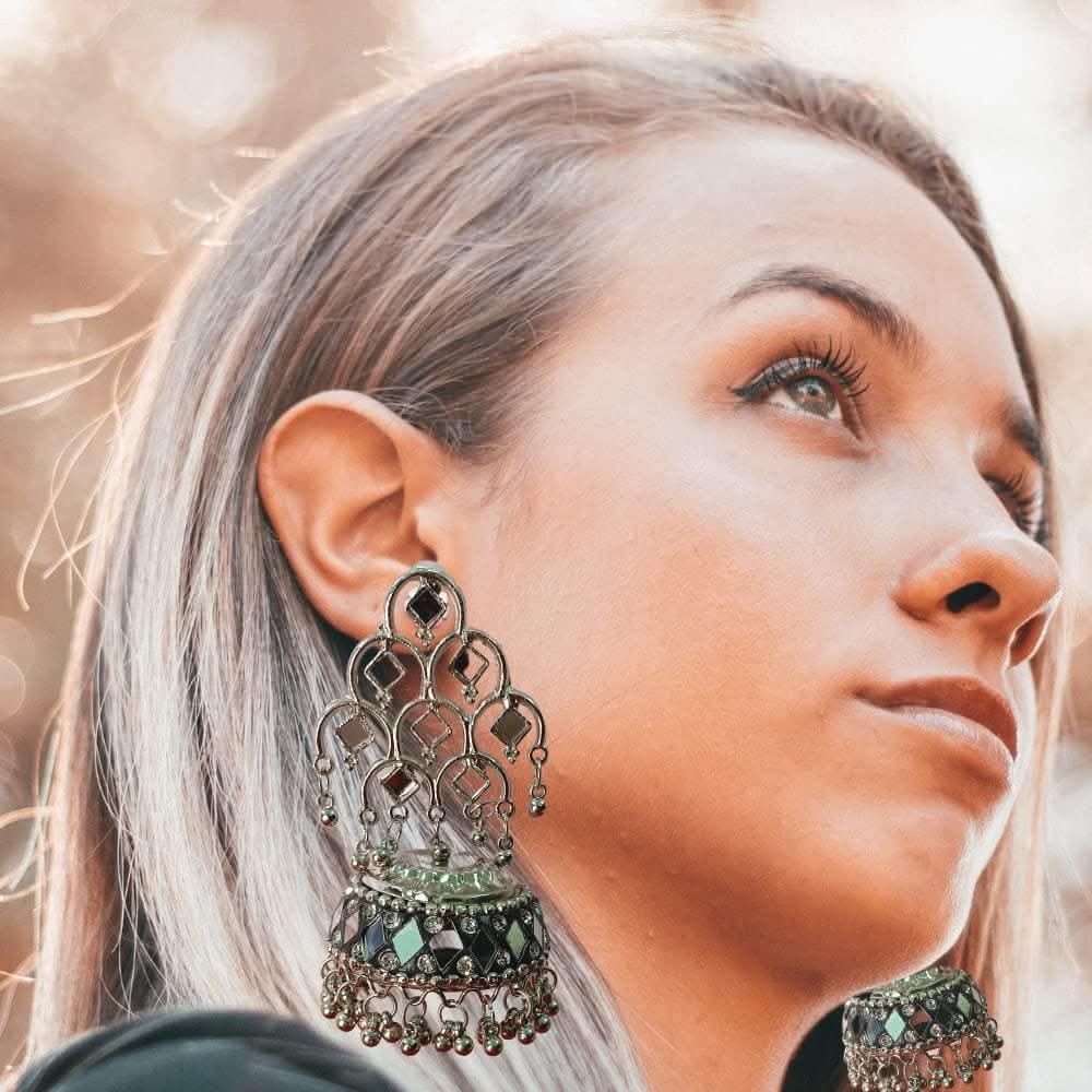 Santarms fancy jewellery long afghani earrings (silver oxidised) - halfpeapp