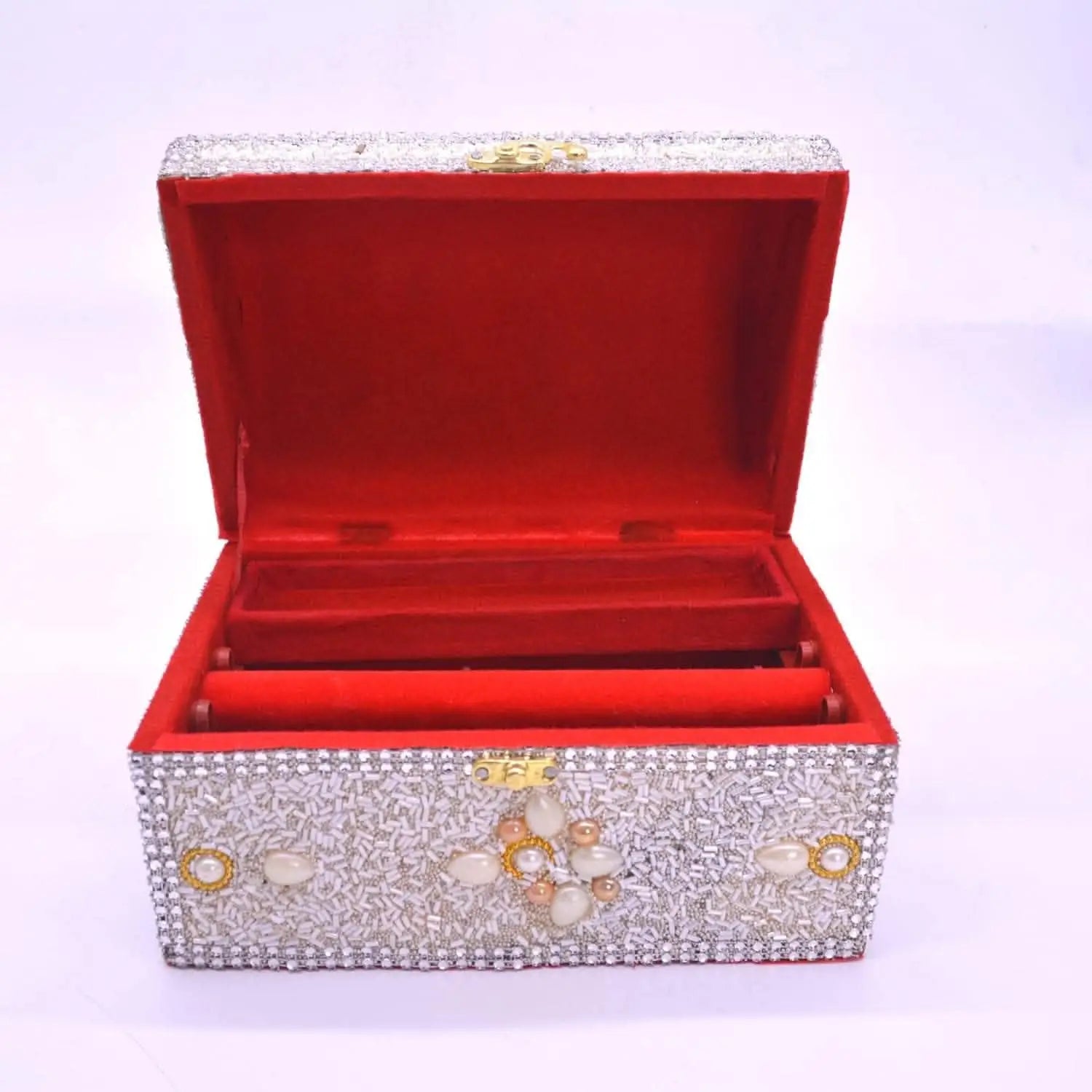Santarms wooden white handcrafted rajwada box jewellery (golden red) - halfpeapp