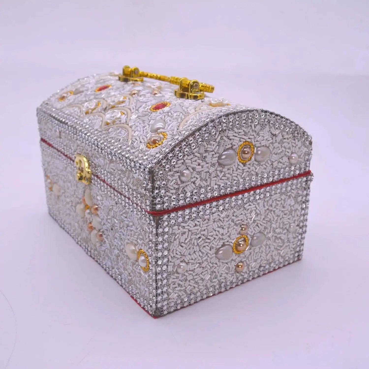 Santarms wooden white handcrafted rajwada box jewellery (golden red) - halfpeapp