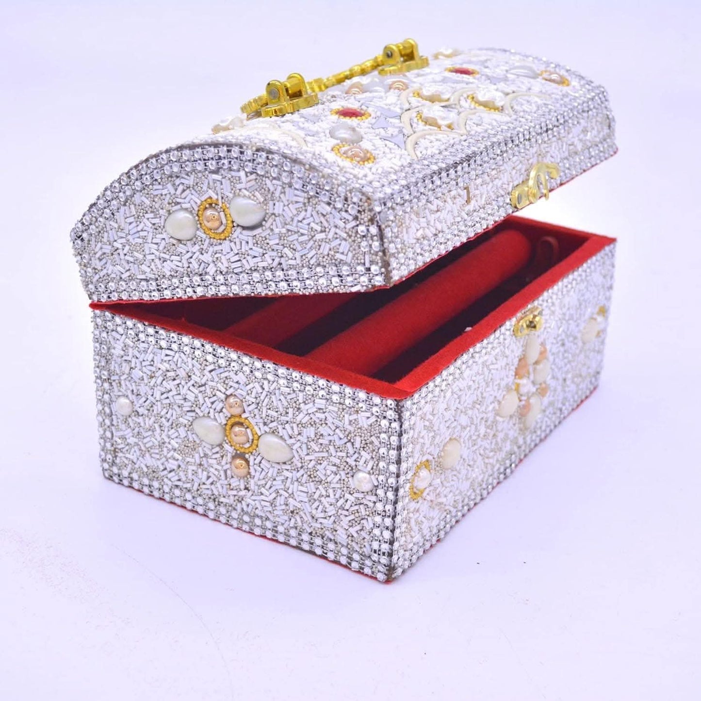 Santarms wooden white handcrafted rajwada box jewellery (golden red) - halfpeapp