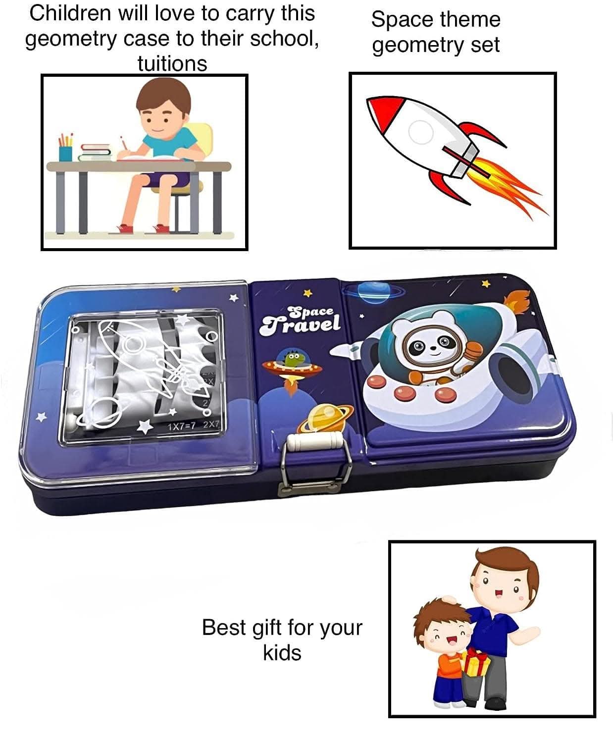 Space travel metal pencil box including stationary set (pack of 3) - halfpeapp