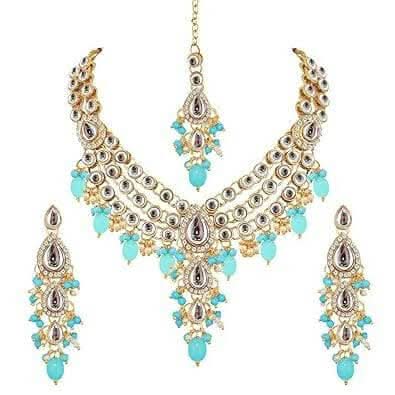 LUCKY JEWELLERY Gold Plated White Firozi Color Tika Earring Necklace Combo Kundan Jewellery Set - HalfPe
