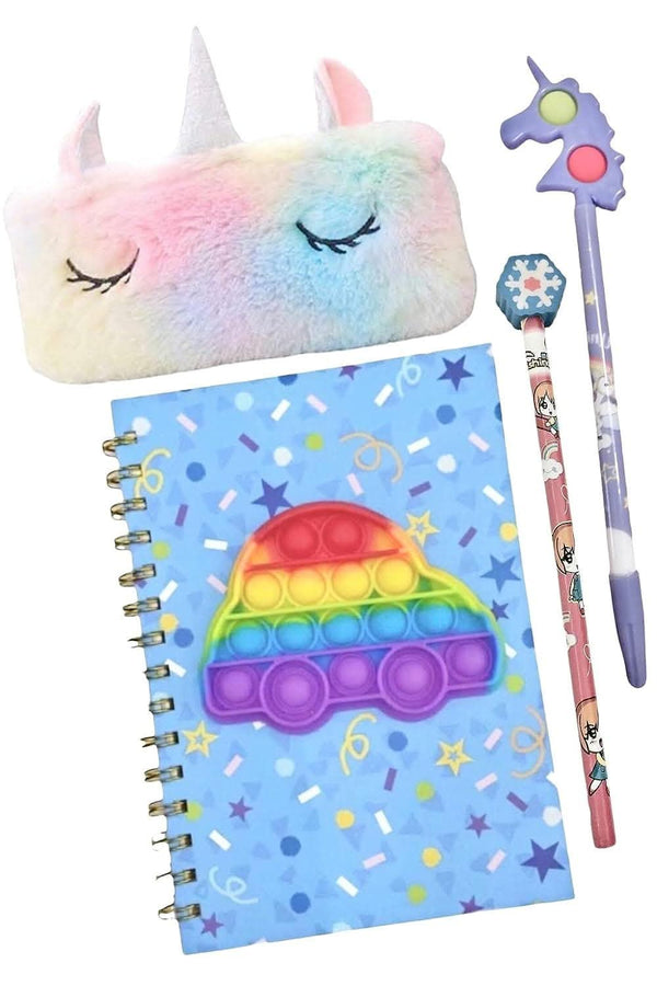 Unicorn car notebook , fur pouch , pop it pen , pencil with eraser - halfpeapp