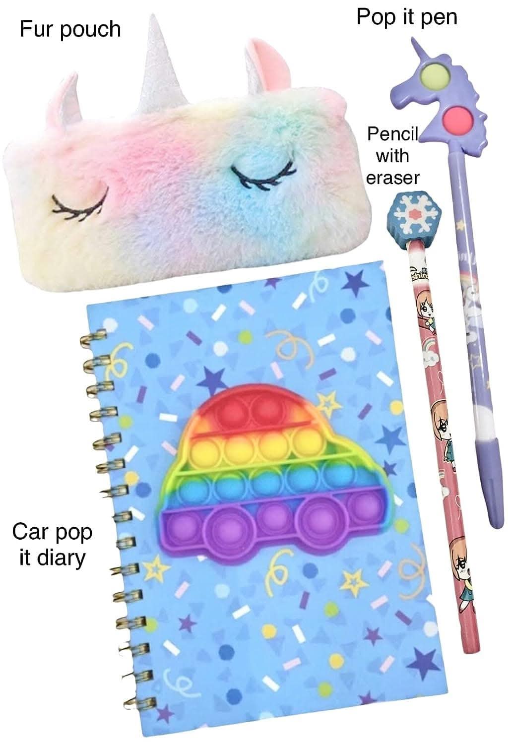 Unicorn car notebook , fur pouch , pop it pen , pencil with eraser - halfpeapp