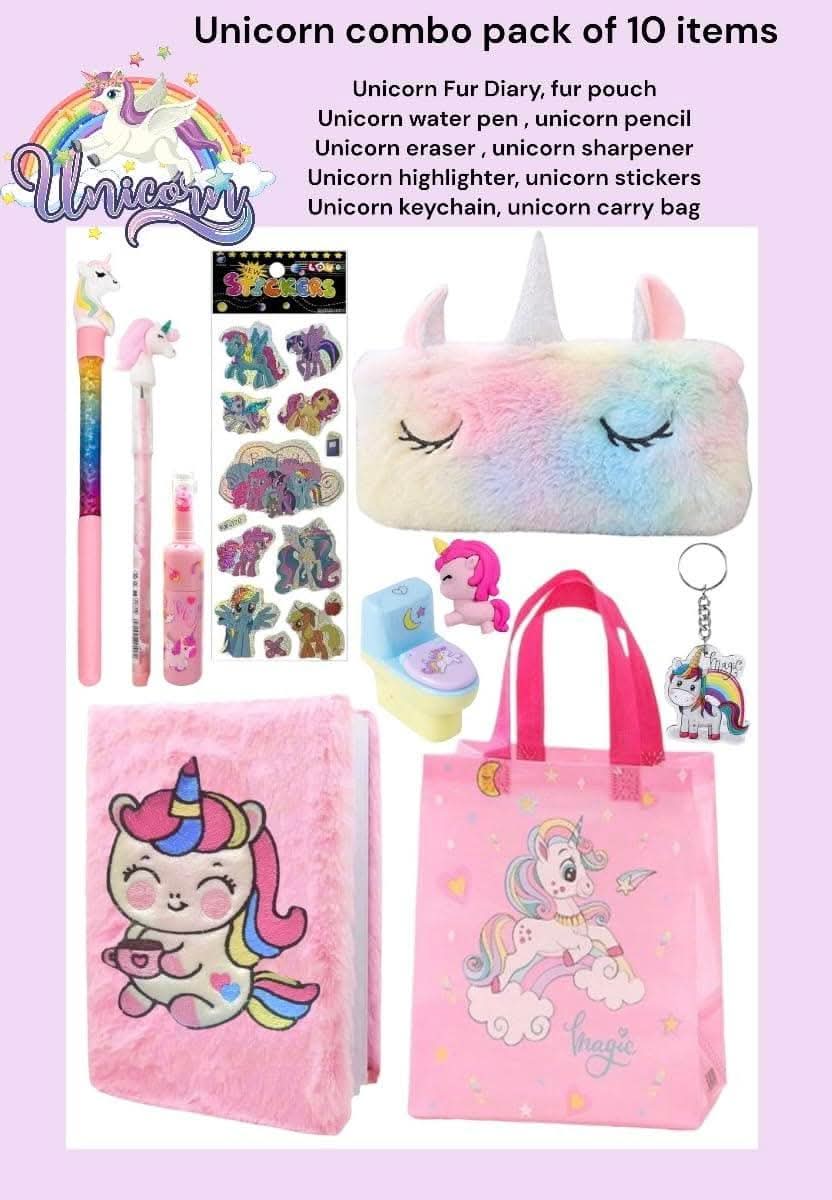 Unicorn fur diary , pencil box , pen , pencil , eraser (pack of 5) - halfpeapp