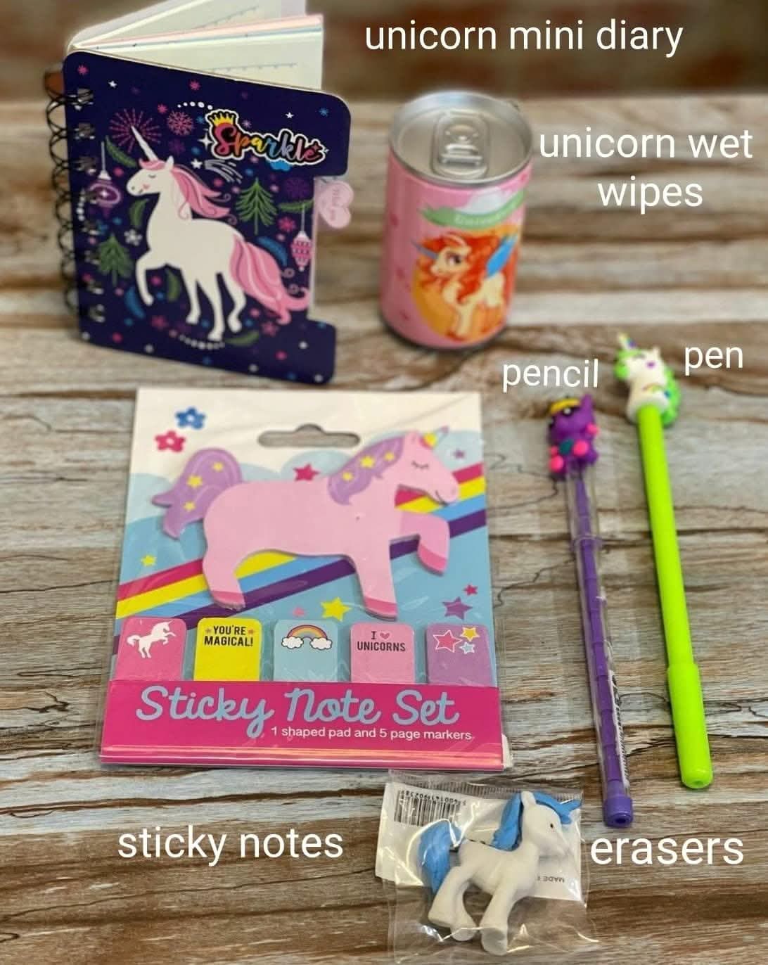 Unicorn fur mini diary , pen , pencil , eraser , sticky notes , wet wipes - halfpeapp