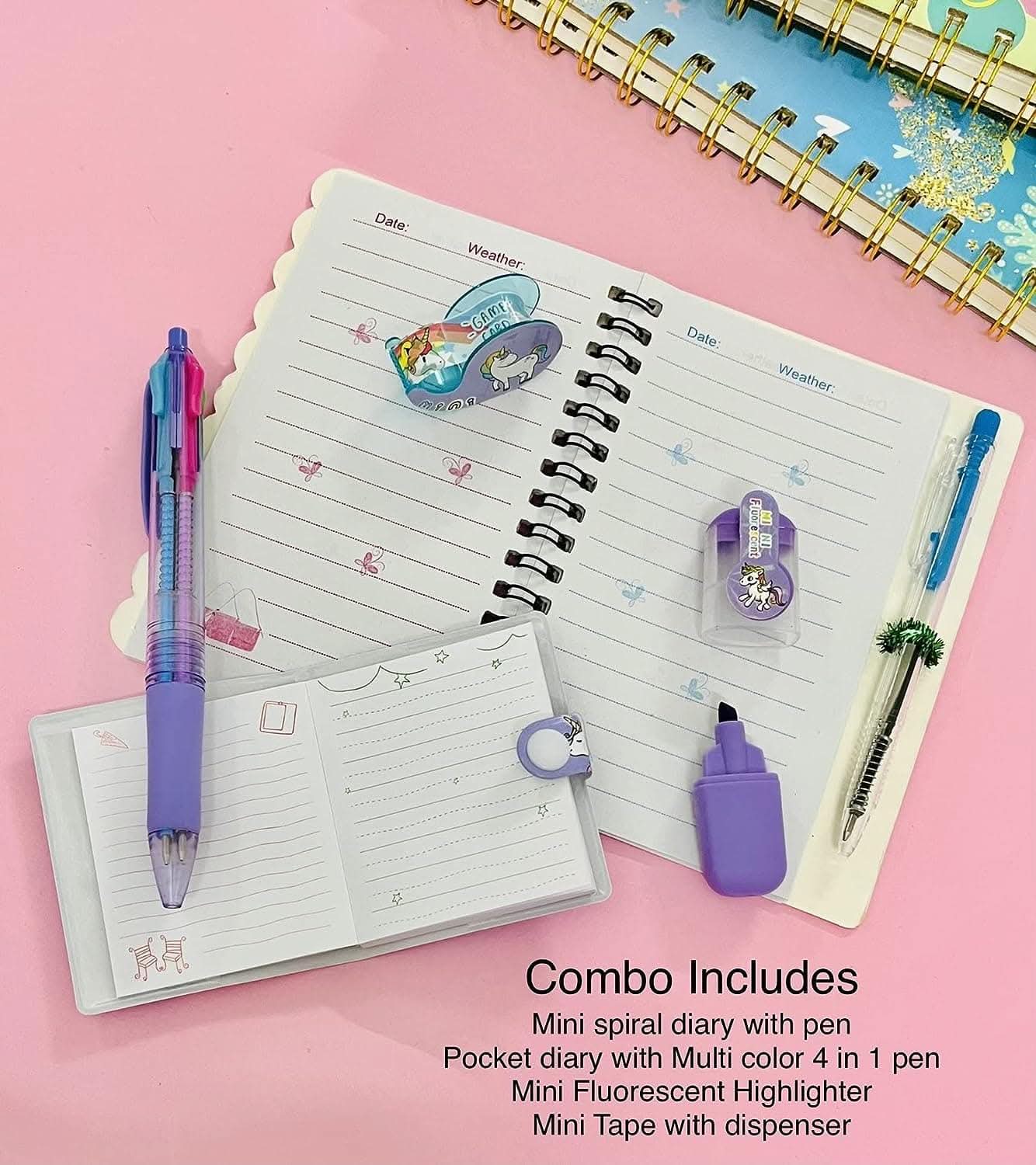 Unicorn stationery set with button lock secret pocket , pen , marker and tape & mini spiral diary with pen - halfpeapp