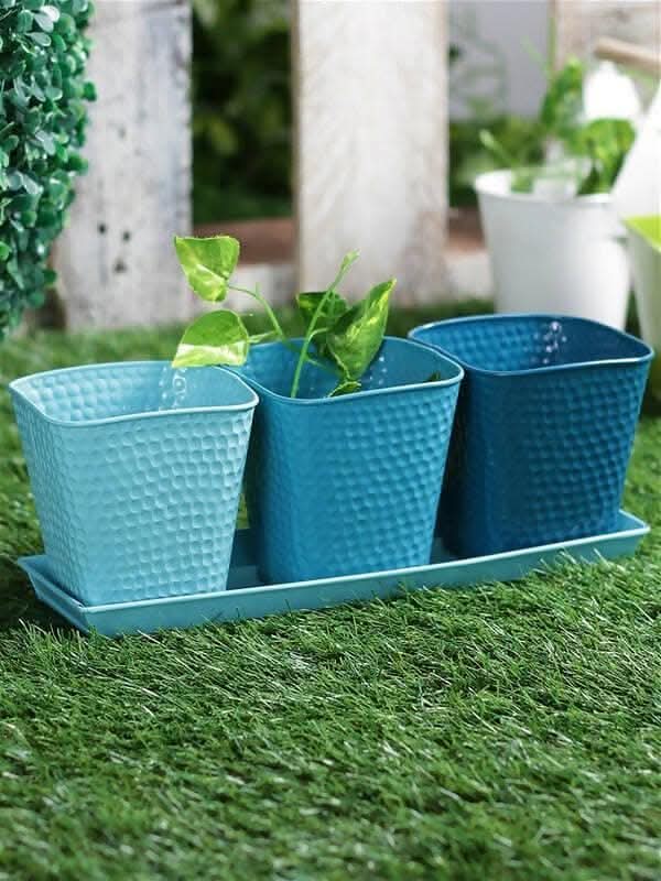 Set Of Three Herb Pots Blue - HalfPe
