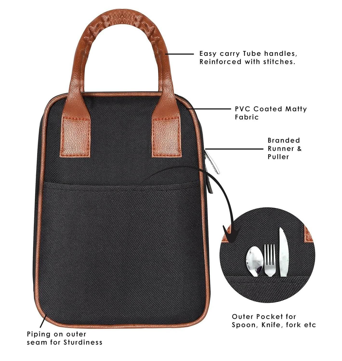 LOREM Black PVC Coated Matty Insulated Tiffin Bag/Lunch Bag for Men & Women - HalfPe