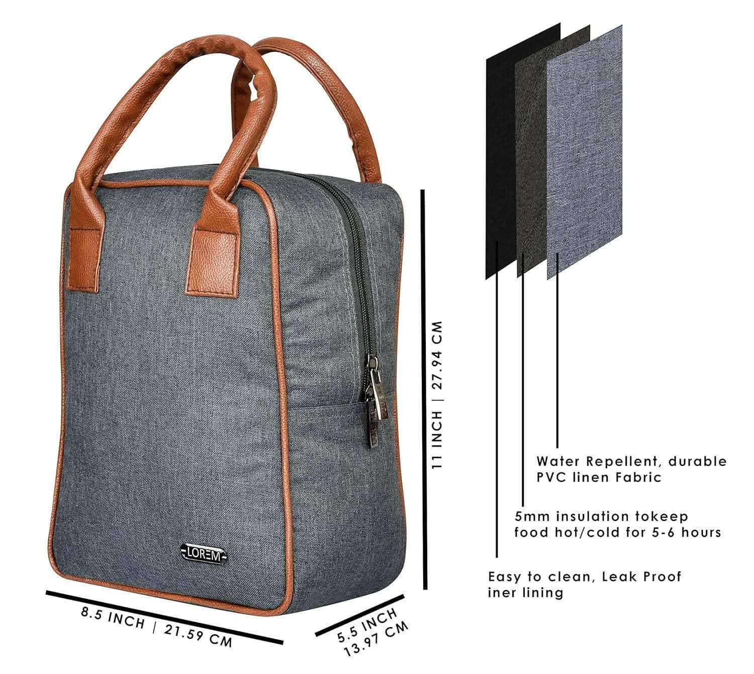 LOREM Grey Linen Textured Insulated Tiffin Bag/Lunch Bag - HalfPe