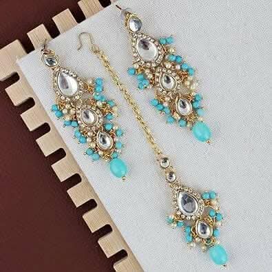 LUCKY JEWELLERY Gold Plated White Firozi Color Tika Earring Necklace Combo Kundan Jewellery Set - HalfPe