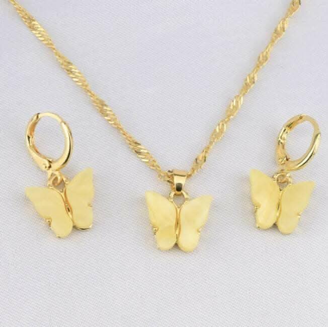 Pinapes Butterfly Hoop Earring Pendant Necklace Acrylic Butterfly Necklace Huggie Drop Earrings Set, Simple Charm Color Suit for Women Teens Girls (Yellow) - HalfPe