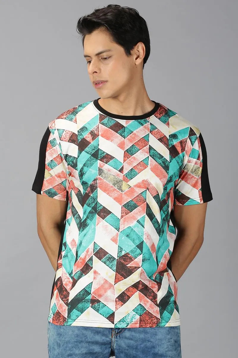 Men's Cotton Geometric Print T-shirt - Multicolor