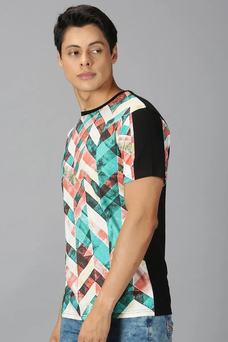Men's Cotton Geometric Print T-shirt - Multicolor