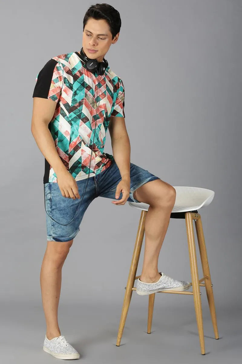 Men's Cotton Geometric Print T-shirt - Multicolor