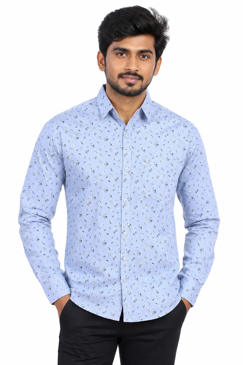 Men's Cotton Floral Print Shirt - Sky Blue