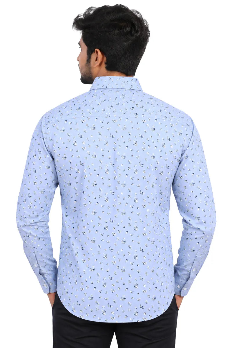Men's Cotton Floral Print Shirt - Sky Blue