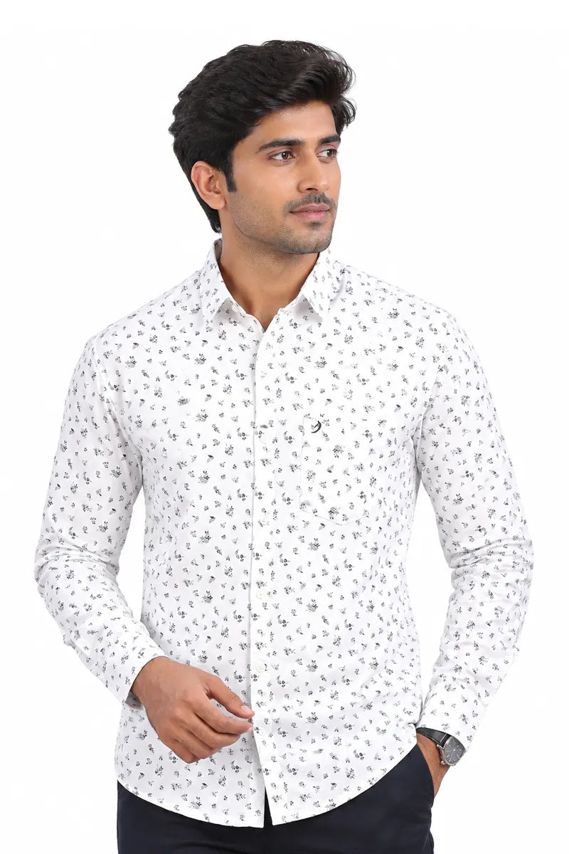 Cotton Floral Print Casual Shirt for Men - White