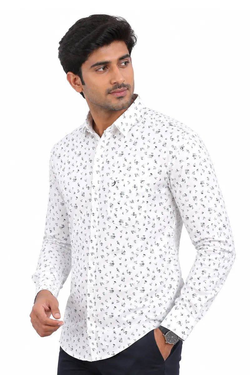 Cotton Floral Print Casual Shirt for Men - White