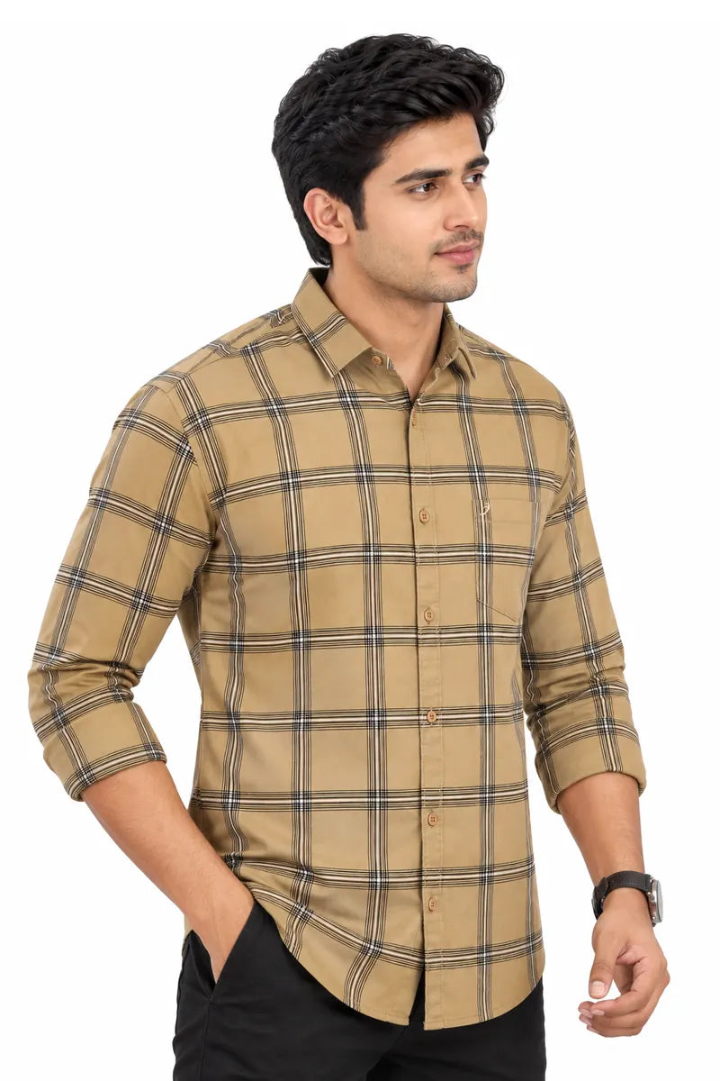 Cotton Checkered Shirt for Men - JakJow (Style oxf000876) - Dark Khaki