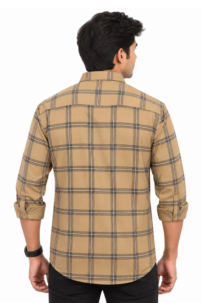 Cotton Checkered Shirt for Men - JakJow (Style oxf000876) - Dark Khaki