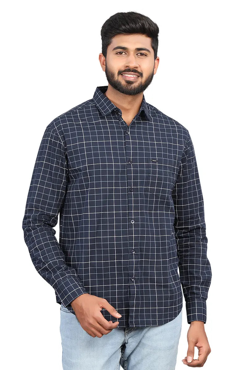 Men's Cotton Checkered Shirt - JakJow (Style cot000883) - Navy Blue