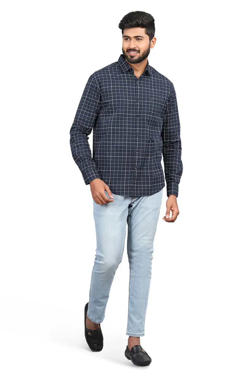 Men's Cotton Checkered Shirt - JakJow (Style cot000883) - Navy Blue
