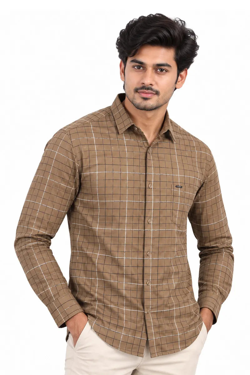 Cotton Checkered Shirt for Men - JakJow (Style cot000884) - Dark Khaki