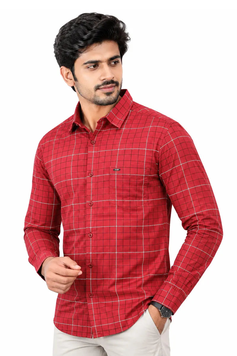 Men's Cotton Checkered Shirt - JakJow (Style cot000886)-RED