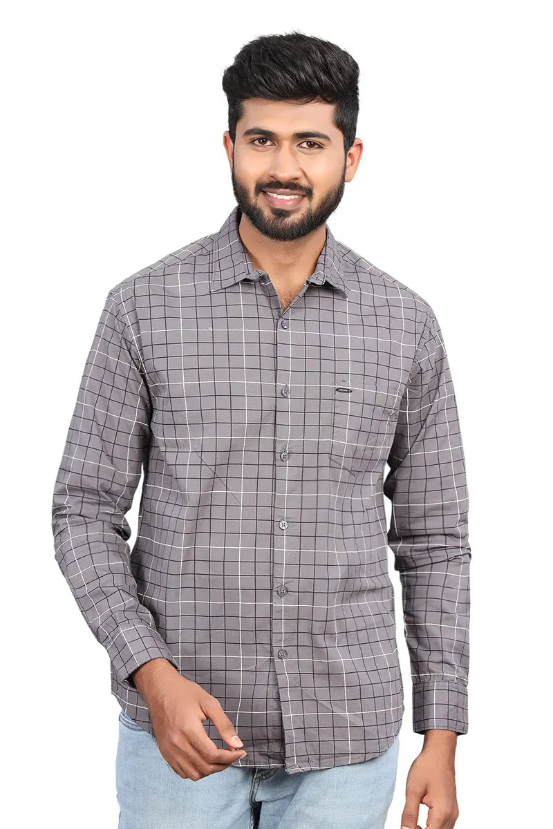 Men's Cotton Checkered Casual Shirt - Grey