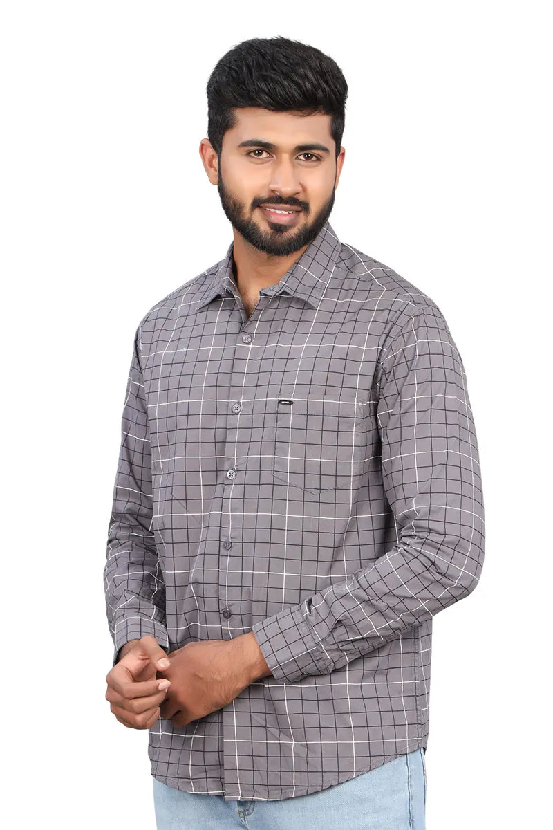 Men's Cotton Checkered Casual Shirt - Grey